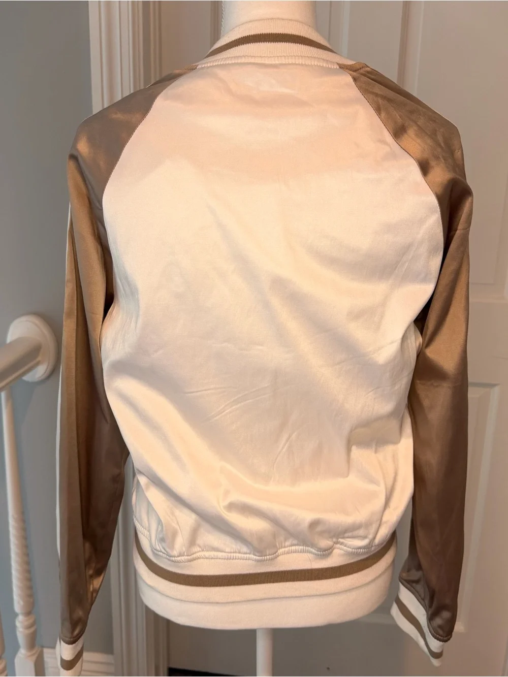 Classic Satin Bomber Jacket Beige Ivory Sz M Y2K Streetwear Festival Minimalist